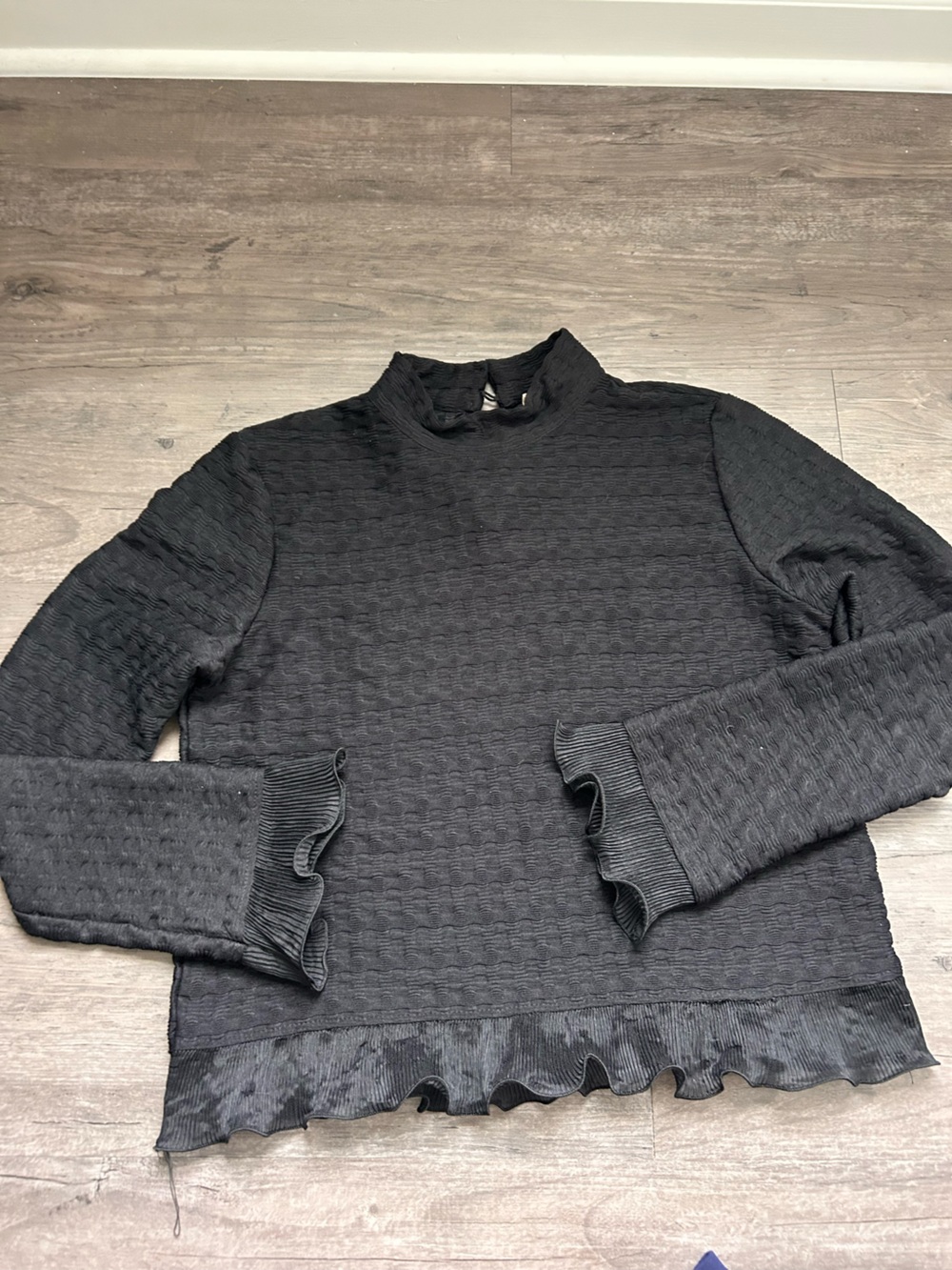 Romantic Black Textured Ruffle-Trim Blouse